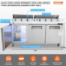 VEVOR Refrigerador comercial, mesa de preparación de sándwiches y ensaladas de 72", estación de preparación de alimentos refrigerada de acero inoxidable de 17.73 pies cúbicos con 18 sartenes, tabla para cortar, refrigerador de encimera de 3 puertas con cerradura para restaurante