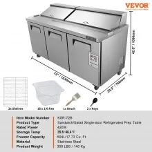 VEVOR Refrigerador comercial, mesa de preparación de sándwiches y ensaladas de 72", estación de preparación de alimentos refrigerada de acero inoxidable de 17.73 pies cúbicos con 18 sartenes, tabla para cortar, refrigerador de encimera de 3 puertas con cerradura para restaurante