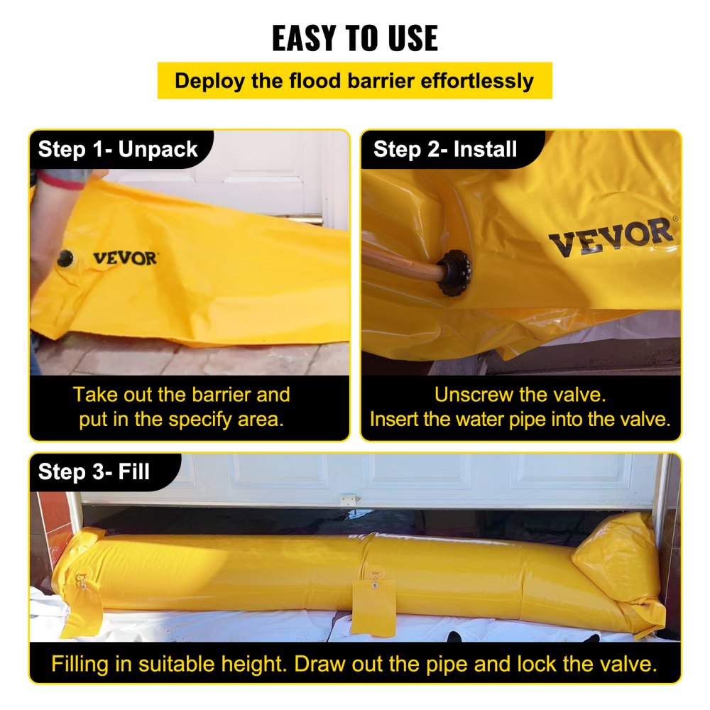 Instrucciones para utilizar la bolsa contra inundaciones VEVOR: desembalar, instalar y llenar para protección contra inundaciones.
