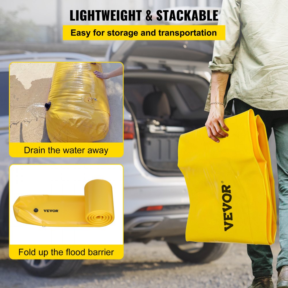 Bolsa impermeable VEVOR plegada y almacenada en el maletero de un automóvil, destacando sus características livianas y apilables.