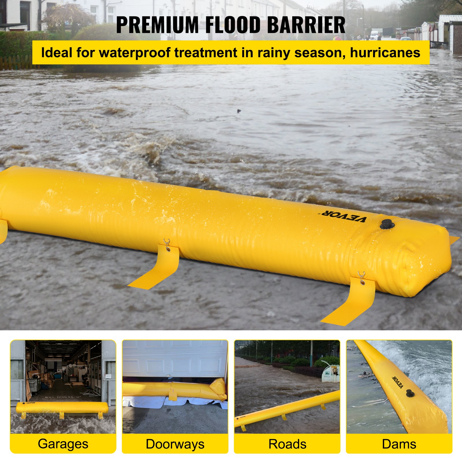 Bolsa antiinundaciones VEVOR que protege áreas como garajes, puertas, caminos y represas de las aguas de las inundaciones.