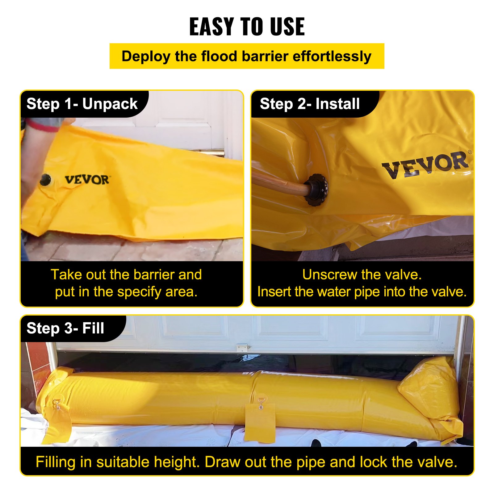 Instrucciones para utilizar la bolsa contra inundaciones VEVOR: desembalar, instalar y llenar para protección contra inundaciones.