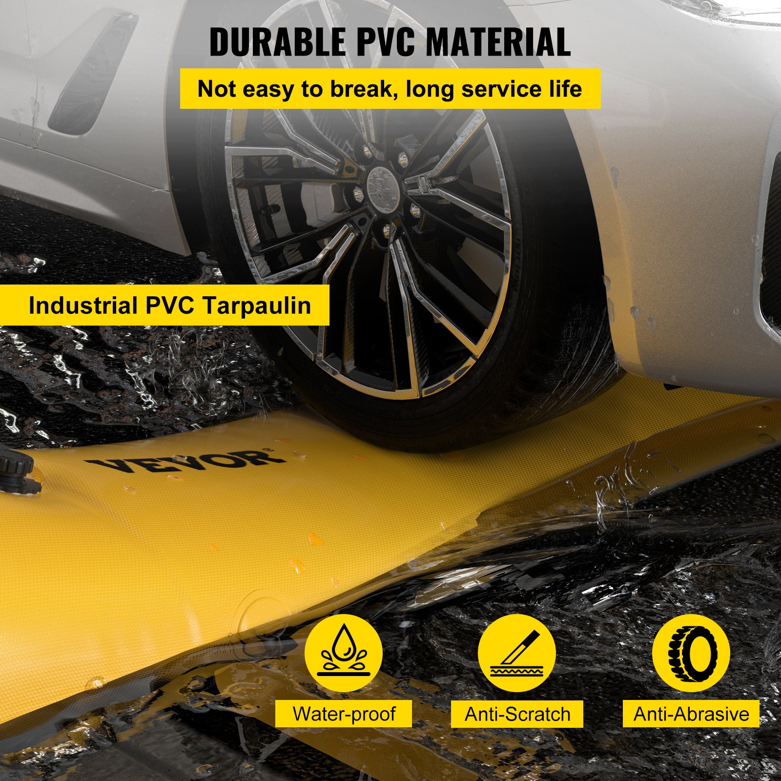 Rueda de coche en bolsa antiinundación VEVOR amarilla fabricada en lona de PVC duradera, impermeable, antiarañazos y antiabrasiva.