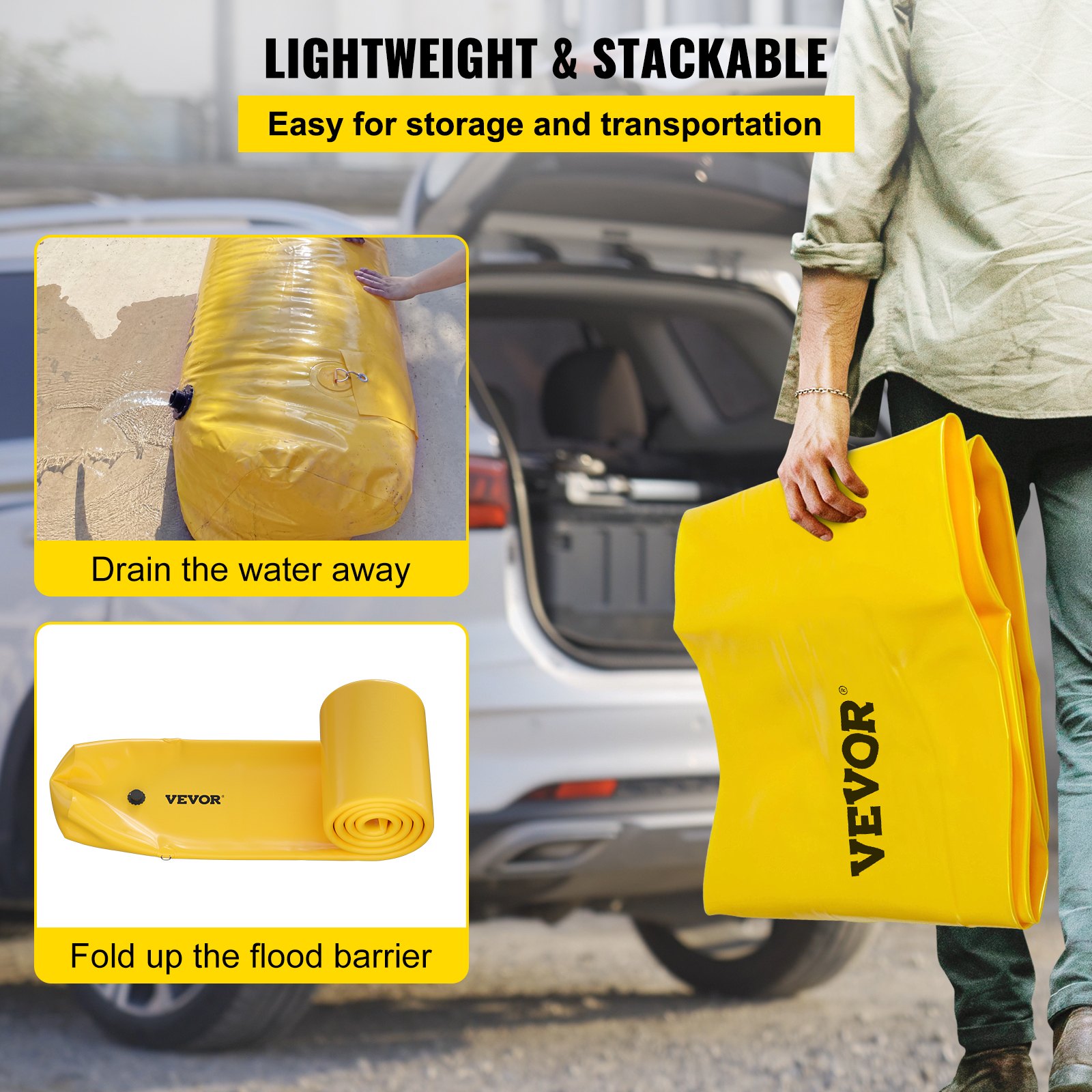 Bolsa impermeable VEVOR plegada y almacenada en el maletero de un automóvil, destacando sus características livianas y apilables.