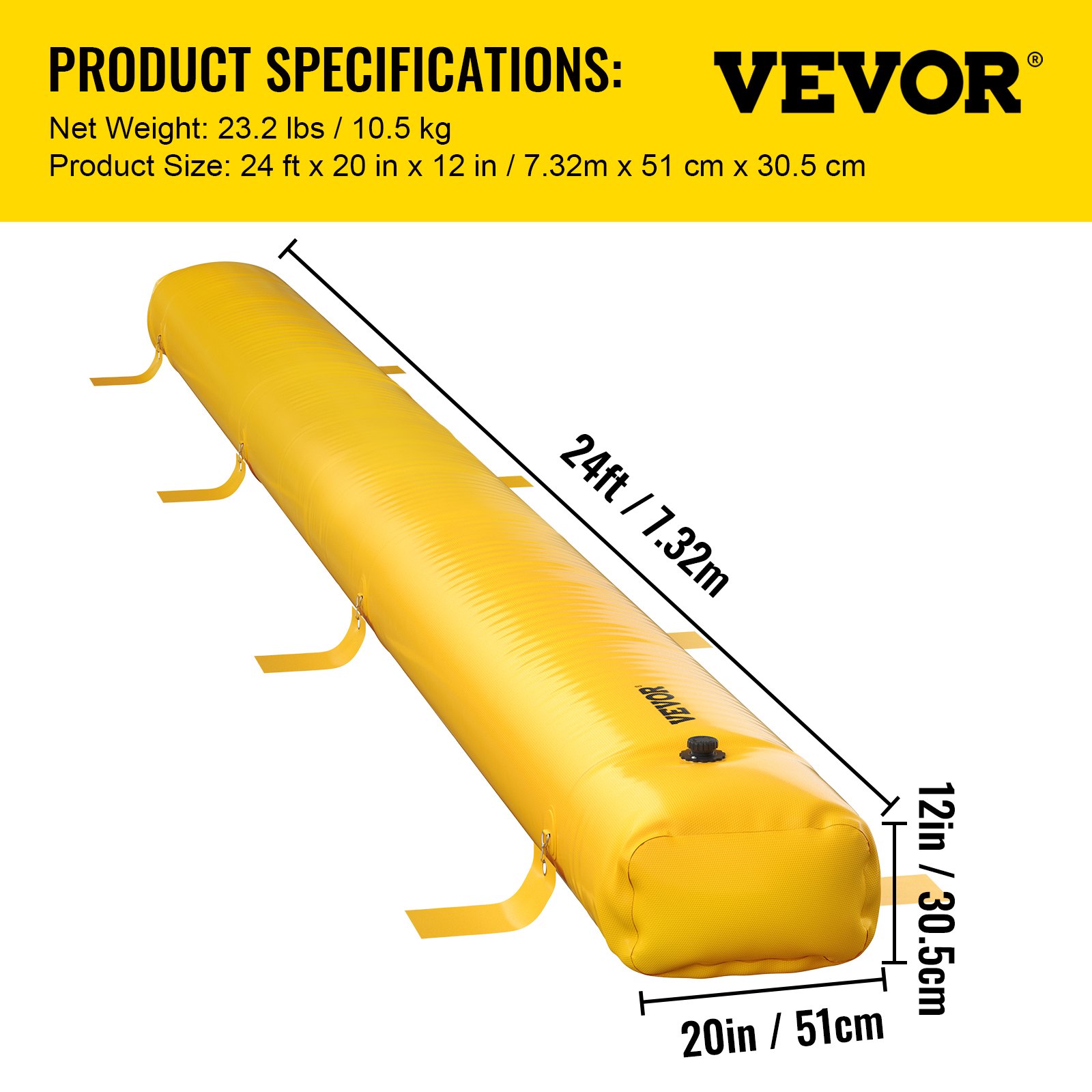 Bolsa antiinundación VEVOR, amarilla, 7,32 m de largo, 51 cm de ancho, 30,5 cm de alto, 10,5 kg