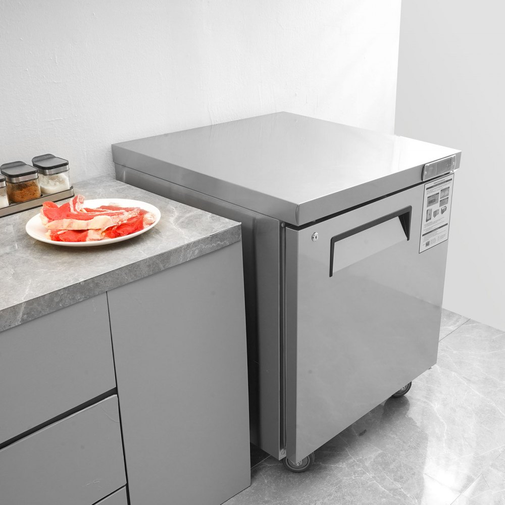 VEVOR Refrigerador Bajo Mesada de Acero Inoxidable, 210 L, con Enfriamiento Asistido por Ventilador y Puerta Simple con Cerradura, Ideal para Áreas de Preparación Alimentos y Bares, 715 x 760 x 900 mm