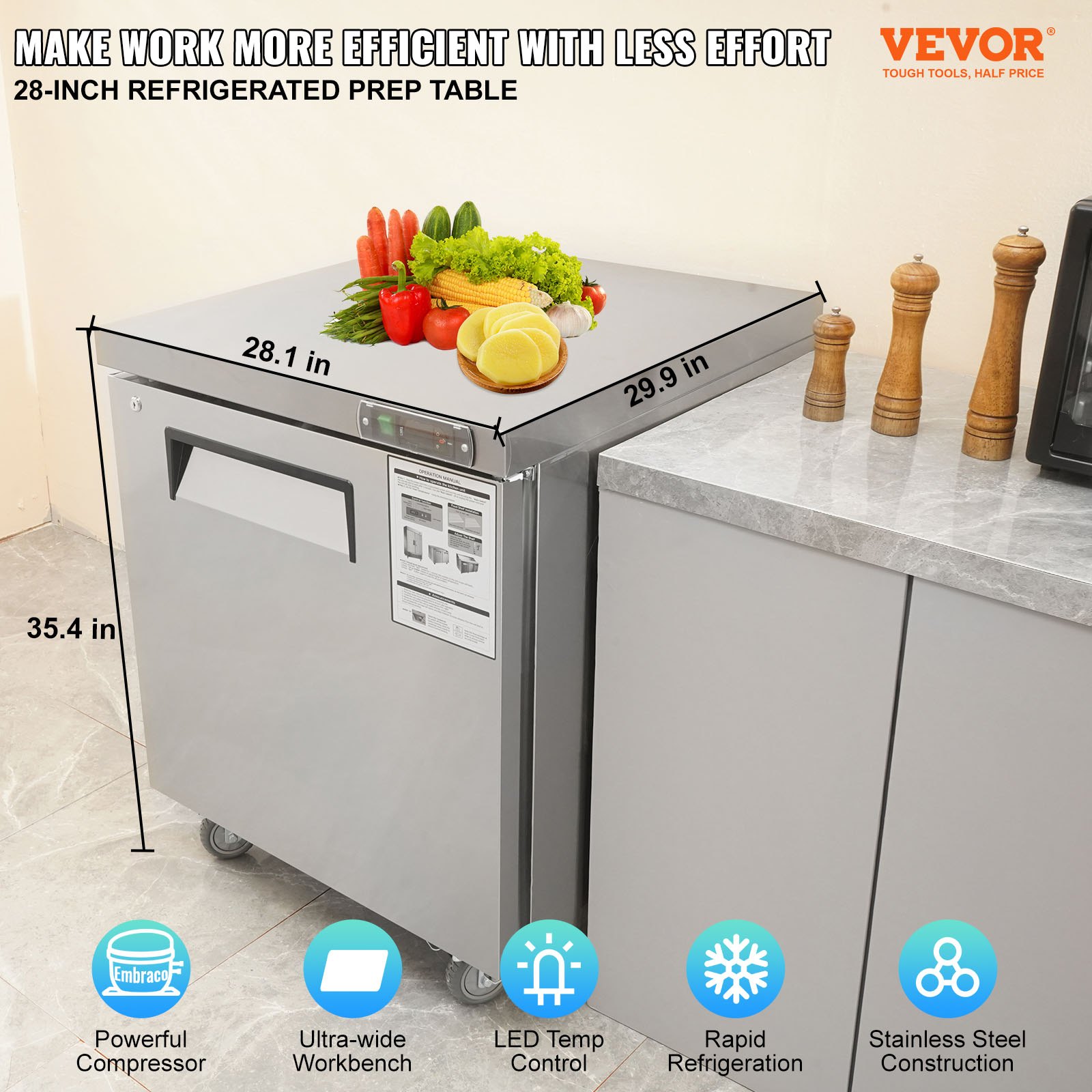 VEVOR Refrigerador Bajo Mesada de Acero Inoxidable, 210 L, con Enfriamiento Asistido por Ventilador y Puerta Simple con Cerradura, Ideal para Áreas de Preparación Alimentos y Bares, 715 x 760 x 900 mm