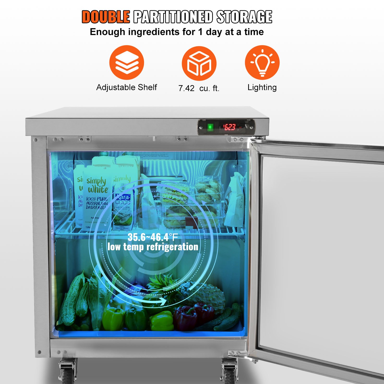 VEVOR Refrigerador Bajo Mesada de Acero Inoxidable, 210 L, con Enfriamiento Asistido por Ventilador y Puerta Simple con Cerradura, Ideal para Áreas de Preparación Alimentos y Bares, 715 x 760 x 900 mm