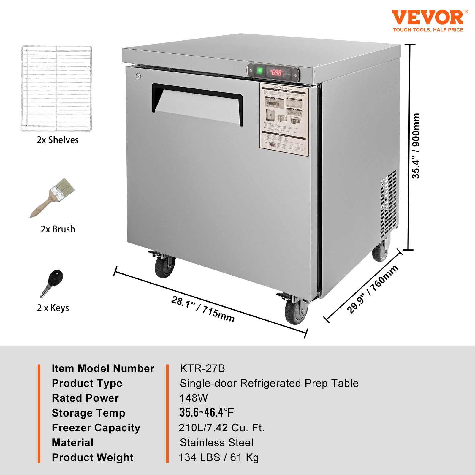 VEVOR Refrigerador Bajo Mesada de Acero Inoxidable, 210 L, con Enfriamiento Asistido por Ventilador y Puerta Simple con Cerradura, Ideal para Áreas de Preparación Alimentos y Bares, 715 x 760 x 900 mm