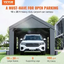 VEVOR Carport, toldo para coche resistente de 10 x 20 pies, refugio para garaje al aire libre con paredes laterales extraíbles, ventanas y puertas enrollables ventiladas, resistente a los rayos UV, lona impermeable para todas las estaciones para coche, camión, barco, gris oscuro