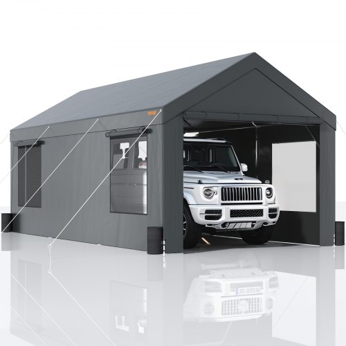 VEVOR Carport, toldo para coche resistente de 12 x 20 pies, refugio para garaje al aire libre con paredes laterales extraíbles, ventanas y puertas enrollables ventiladas, resistente a los rayos UV, lona impermeable para todas las estaciones para coche, camión, barco, gris oscuro