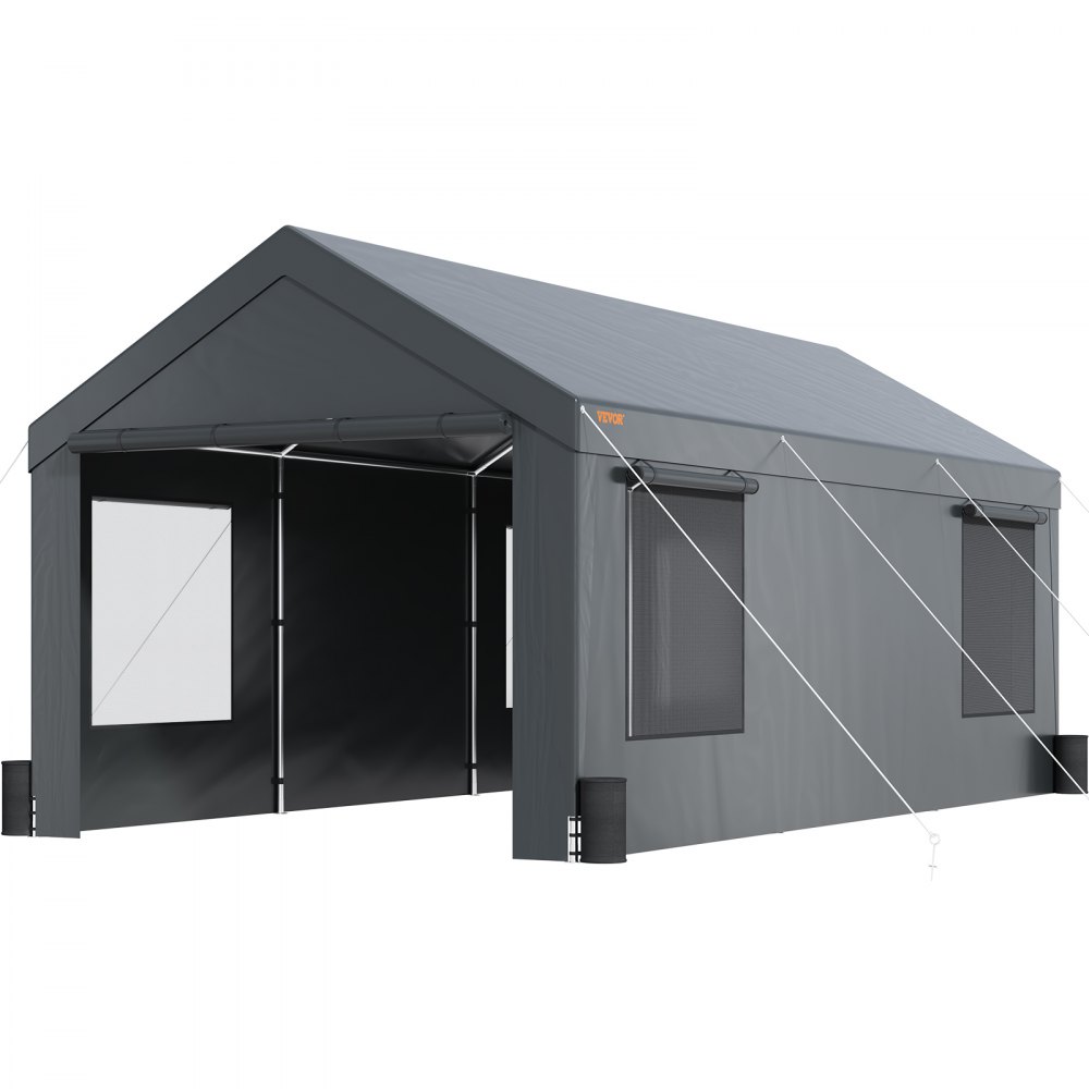 Cochera VEVOR gris con estructura de metal, ventanas laterales y asegurada con cuerdas y anclajes.