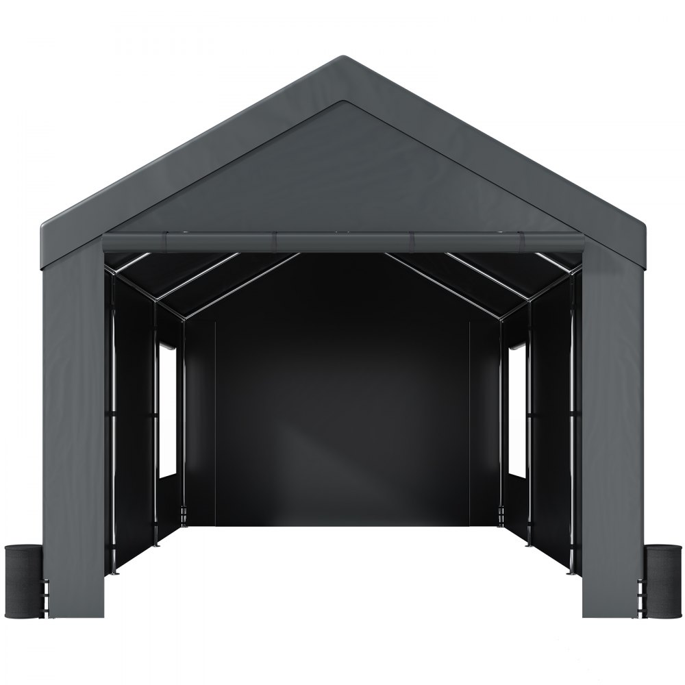 Cochera VEVOR con marquesina gris, amplia entrada y resistente estructura de acero para protección contra la intemperie.