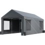 Cochera VEVOR gris con estructura de metal, ventanas laterales y asegurada con cuerdas y anclajes.