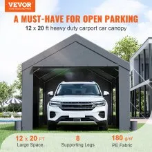 VEVOR Carport, toldo para coche resistente de 12 x 20 pies, refugio para garaje al aire libre con paredes laterales extraíbles, ventanas y puertas enrollables ventiladas, resistente a los rayos UV, lona impermeable para todas las estaciones para coche, camión, barco, gris oscuro
