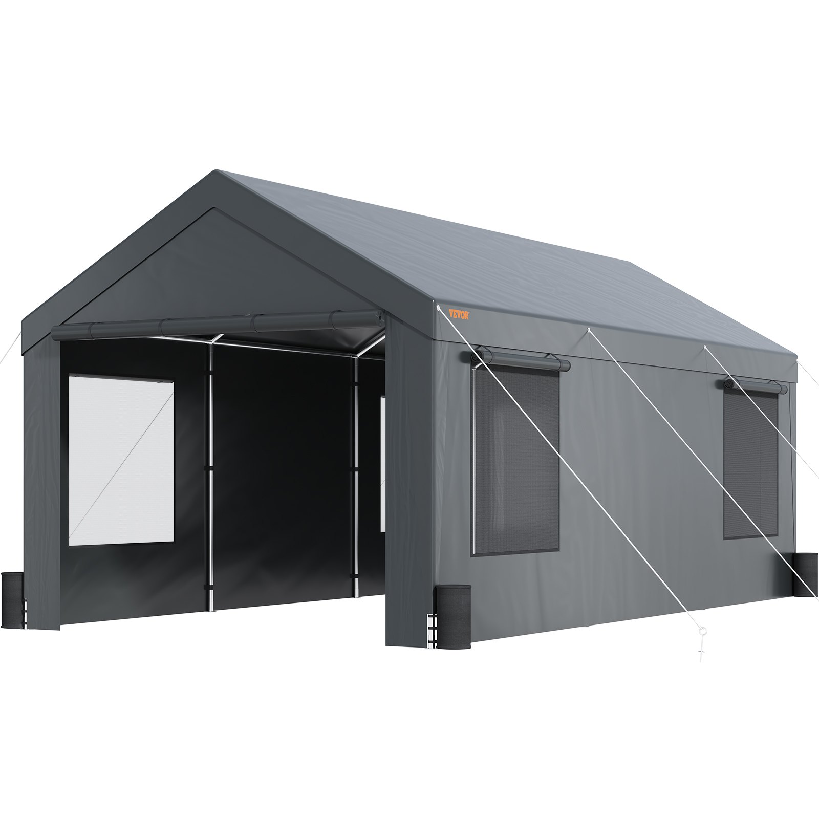 Cochera VEVOR gris con estructura de metal, ventanas laterales y asegurada con cuerdas y anclajes.