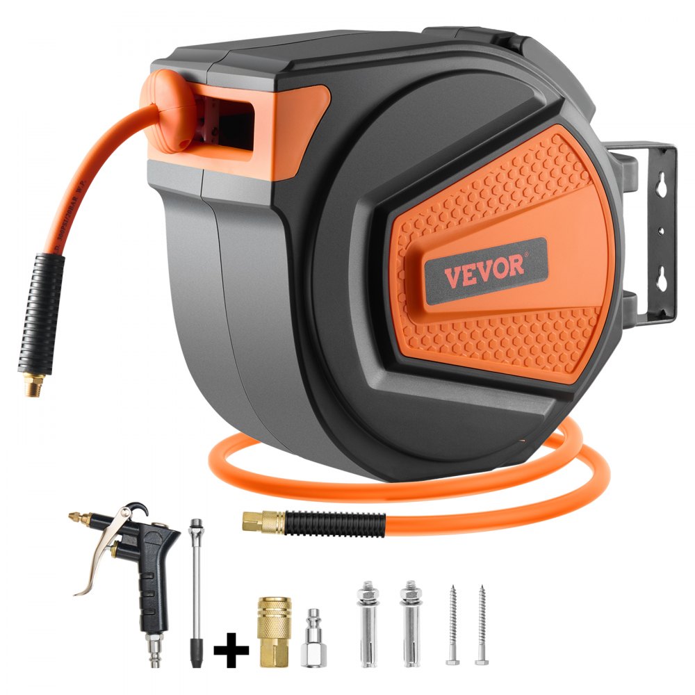 VEVOR Carrete de Manguera de Aire Retráctil 9,52mm x 19,81m Manguera de Aire Híbrida 300 PSI Carrete de Manguera de Compresor de Aire con Rebobinado Automático Carrete de PP Cerrado para Techo Pared