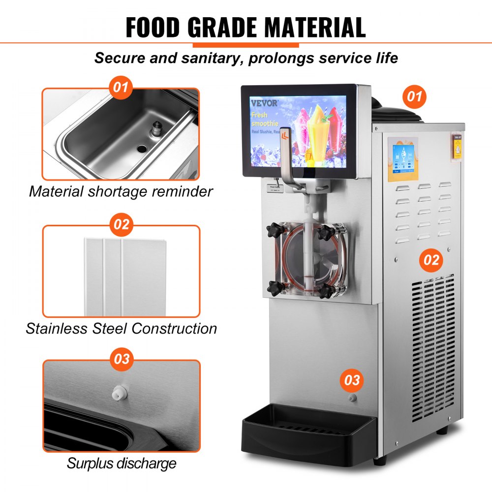 Máquina de granizados VEVOR con construcción de acero inoxidable, recordatorio de falta de material y descarga de excedentes.