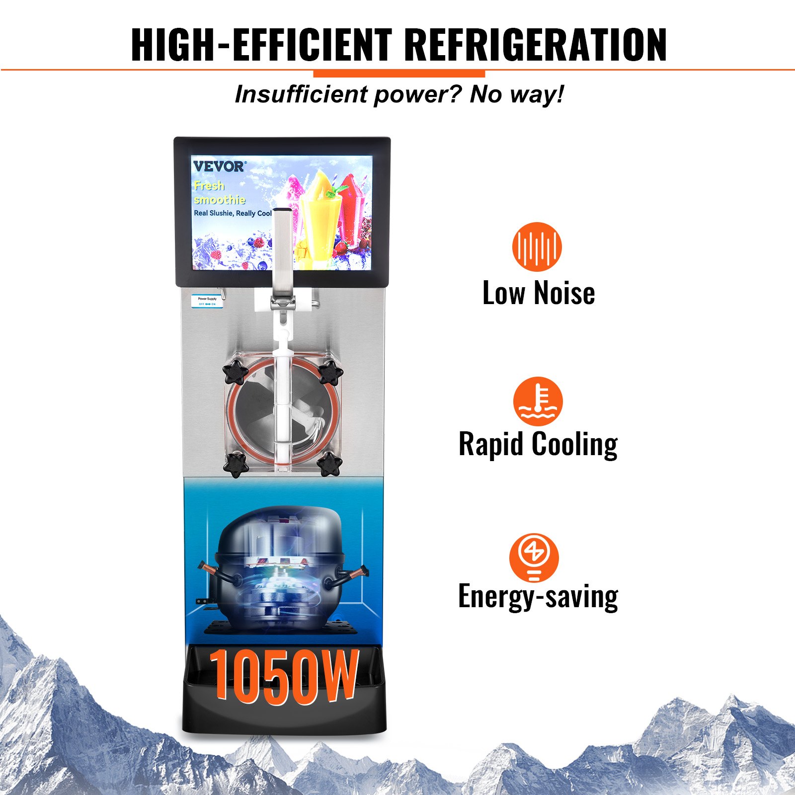 Máquina de granizados VEVOR con refrigeración de alta eficiencia, bajo nivel de ruido, enfriamiento rápido y funciones de ahorro de energía.