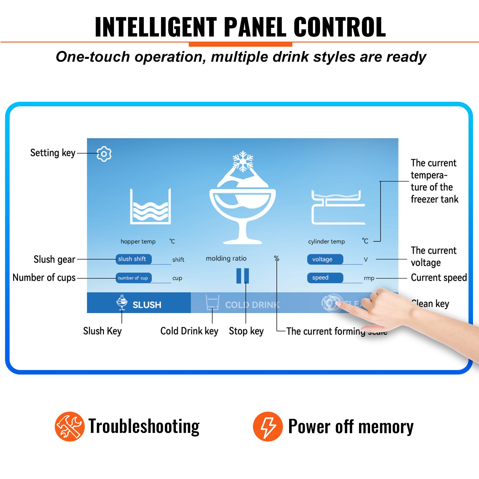 Máquina de granizados VEVOR con panel de control inteligente con operación de un toque e íconos de solución de problemas.