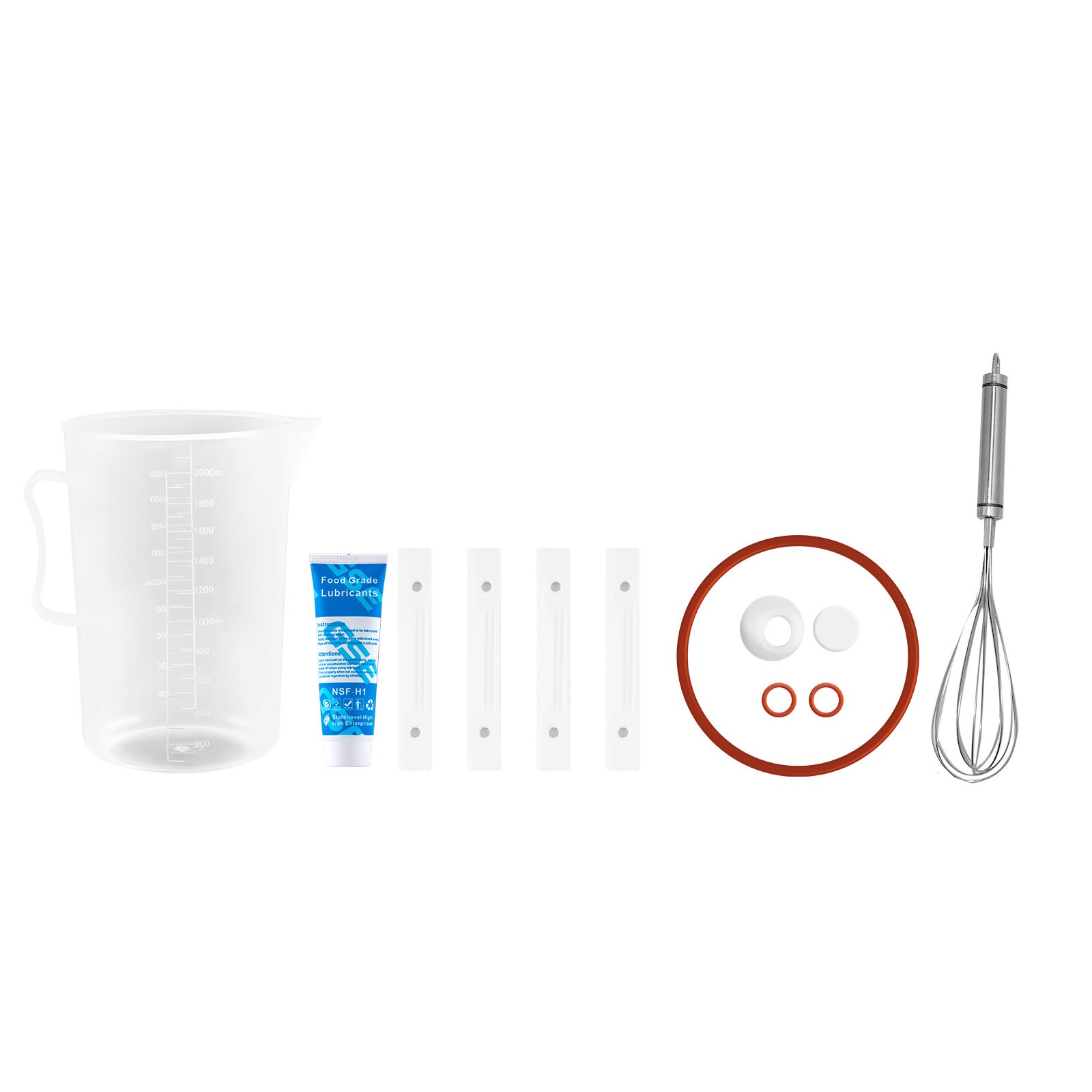 Kit de mantenimiento para máquina de granizados VEVOR que incluye una taza medidora, lubricante y varias piezas.
