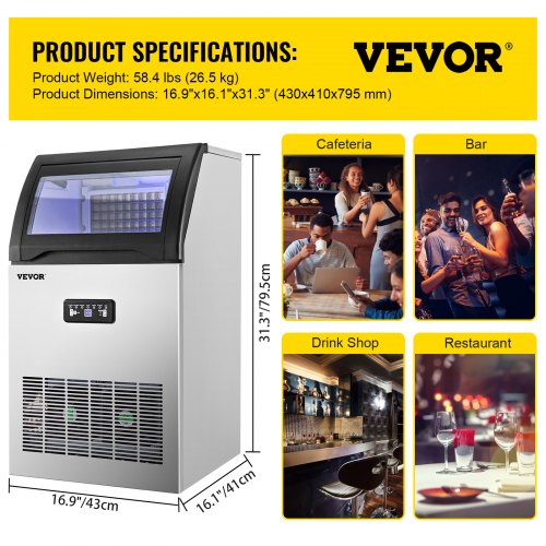 VEVOR 110V Máquina comercial de hielo 110 libras/24 horas, máquina comercial de hielo de 530 W con capacidad de almacenamiento de 30 libras, máquina para hacer cubitos de hielo de construcción de acero inoxidable, incluye filtro de agua y manguera de cone