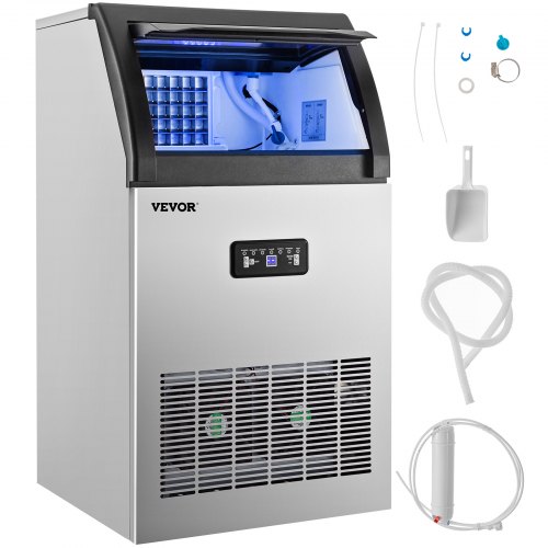 VEVOR 110V Máquina comercial de hielo 110 libras/24 horas, máquina comercial de hielo de 530 W con capacidad de almacenamiento de 30 libras, máquina para hacer cubitos de hielo de construcción de acero inoxidable, incluye filtro de agua y manguera de cone