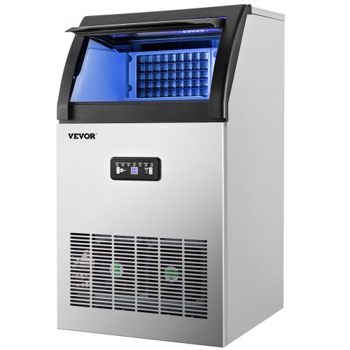 VEVOR 110V Máquina comercial de hielo 110 libras/24 horas, máquina comercial de hielo de 530 W con capacidad de almacenamiento de 30 libras, máquina para hacer cubitos de hielo de construcción de acero inoxidable, incluye filtro de agua y manguera de cone
