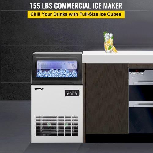 VEVOR 110 V máquina comercial de hielo 110 kg/24 horas, máquina comercial de hielo de 530 W con capacidad de almacenamiento de 15 kg, máquina para hacer cubitos de hielo de construcción de acero inoxidable, incluye filtro de agua y manguera de conexión
