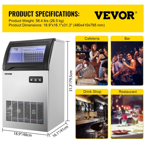 VEVOR 110 V máquina comercial de hielo 110 kg/24 horas, máquina comercial de hielo de 530 W con capacidad de almacenamiento de 15 kg, máquina para hacer cubitos de hielo de construcción de acero inoxidable, incluye filtro de agua y manguera de conexión