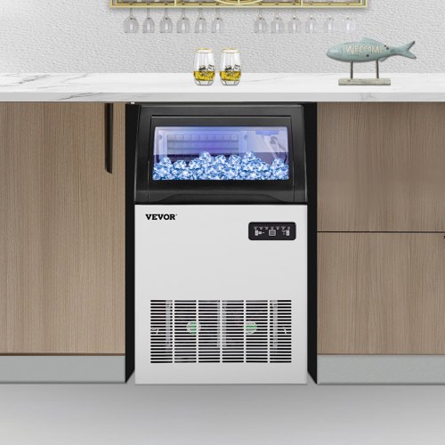 VEVOR 110 V máquina comercial de hielo 110 kg/24 horas, máquina comercial de hielo de 530 W con capacidad de almacenamiento de 15 kg, máquina para hacer cubitos de hielo de construcción de acero inoxidable, incluye filtro de agua y manguera de conexión