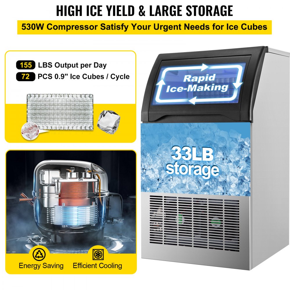 VEVOR 110 V Maquina De Hielo Comercial Fabricador De Hielo máquina comercial de hielo 110 kg/24 horas 530 W con capacidad de almacenamiento de 15 kg