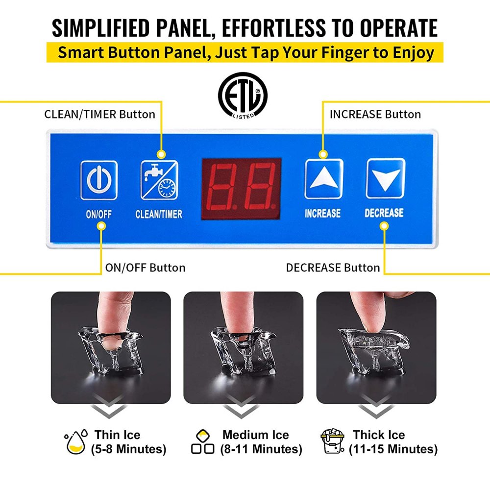 Máquina para hacer hielo comercial VEVOR de 110 V, máquina de hielo de acero inoxidable aprobada por ETL de 170 libras/24 horas con cubo de 66 libras, limpieza automática, cubo transparente, refrigerado por aire, incluye filtro de agua y bomba de drenaje
