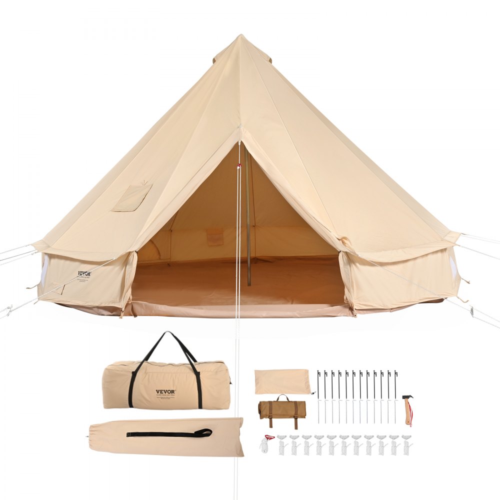 Tienda de campaña glamping VEVOR con accesorios que incluyen clavijas, postes, cuerdas y bolsa de transporte.