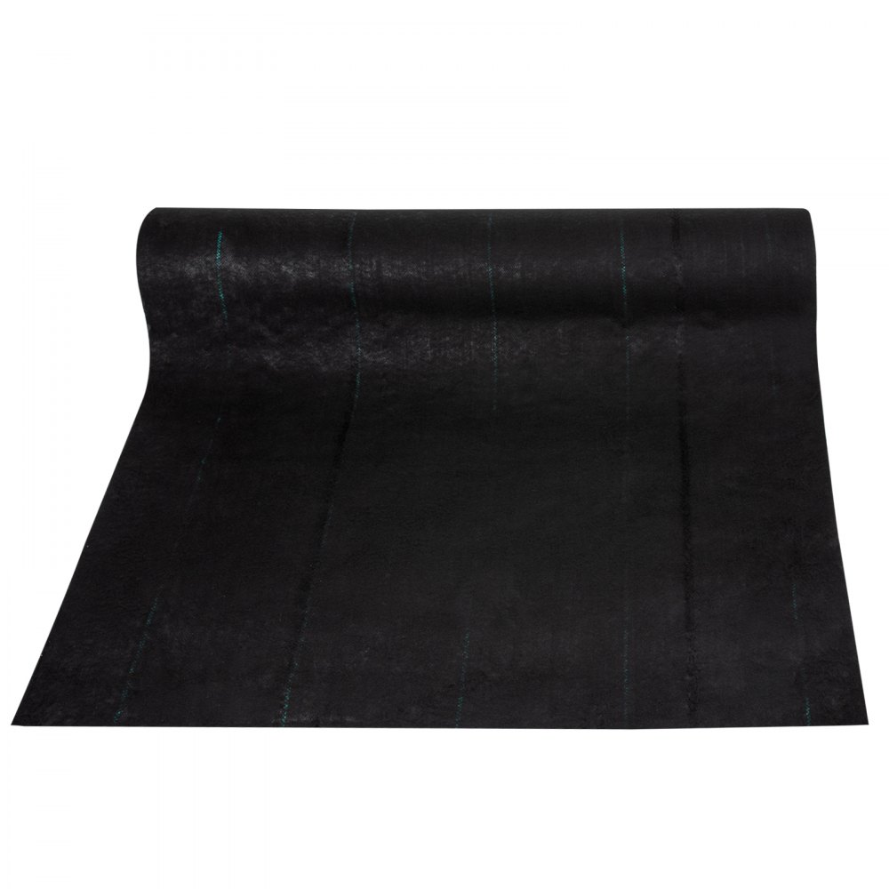 Tejido de barrera contra malas hierbas para jardín VEVOR en color negro con tenues líneas verdes.