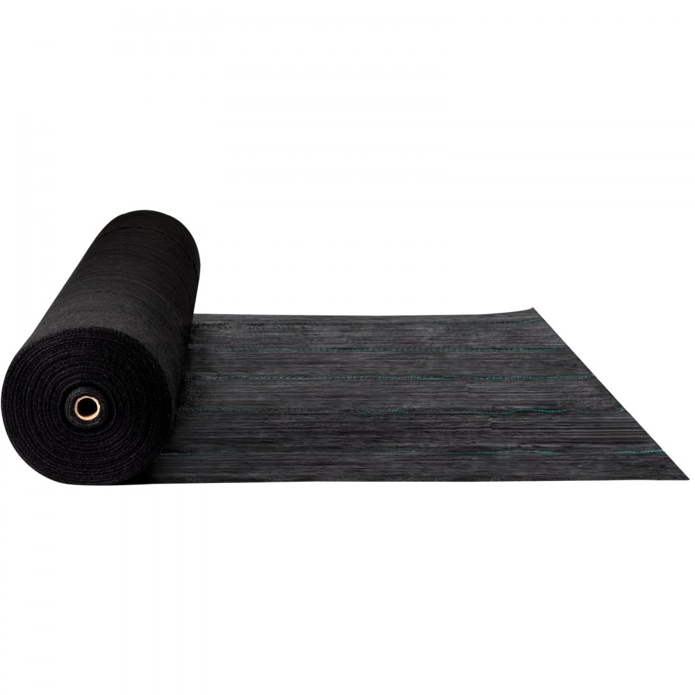 Rollo de tela protectora contra malas hierbas para jardín VEVOR parcialmente desenrollado sobre fondo blanco.