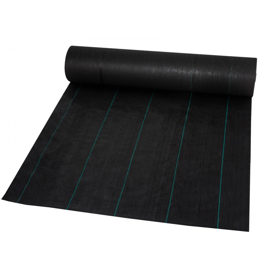 Rollo de tela protectora contra malas hierbas para jardín VEVOR de color negro con líneas de guía verdes.