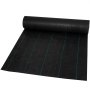 Rollo de tela protectora contra malas hierbas para jardín VEVOR de color negro con líneas de guía verdes.
