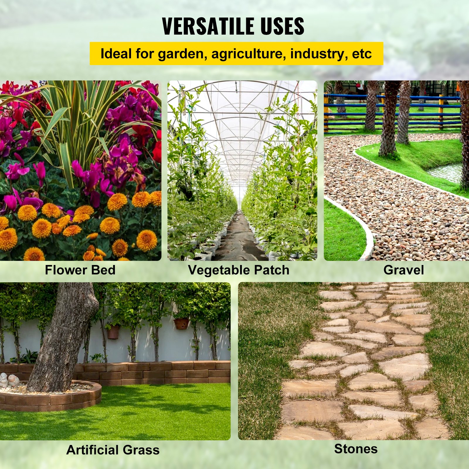 Tela protectora contra malas hierbas para jardín VEVOR, ideal para parterres, huertos, grava, césped y piedras.
