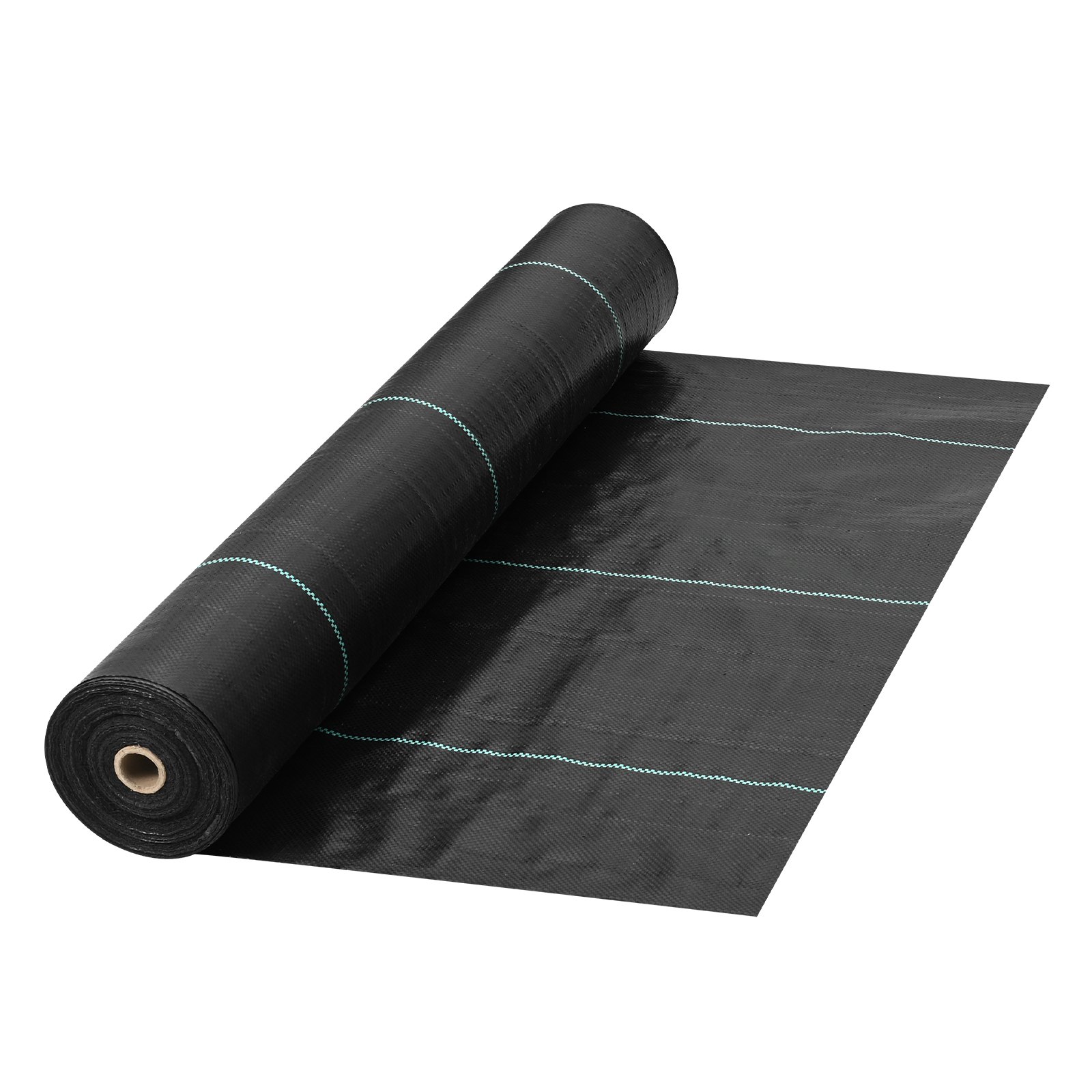 Rollo de tela protectora contra malas hierbas para jardín VEVOR, con líneas de guía azules, parcialmente desenrollado.
