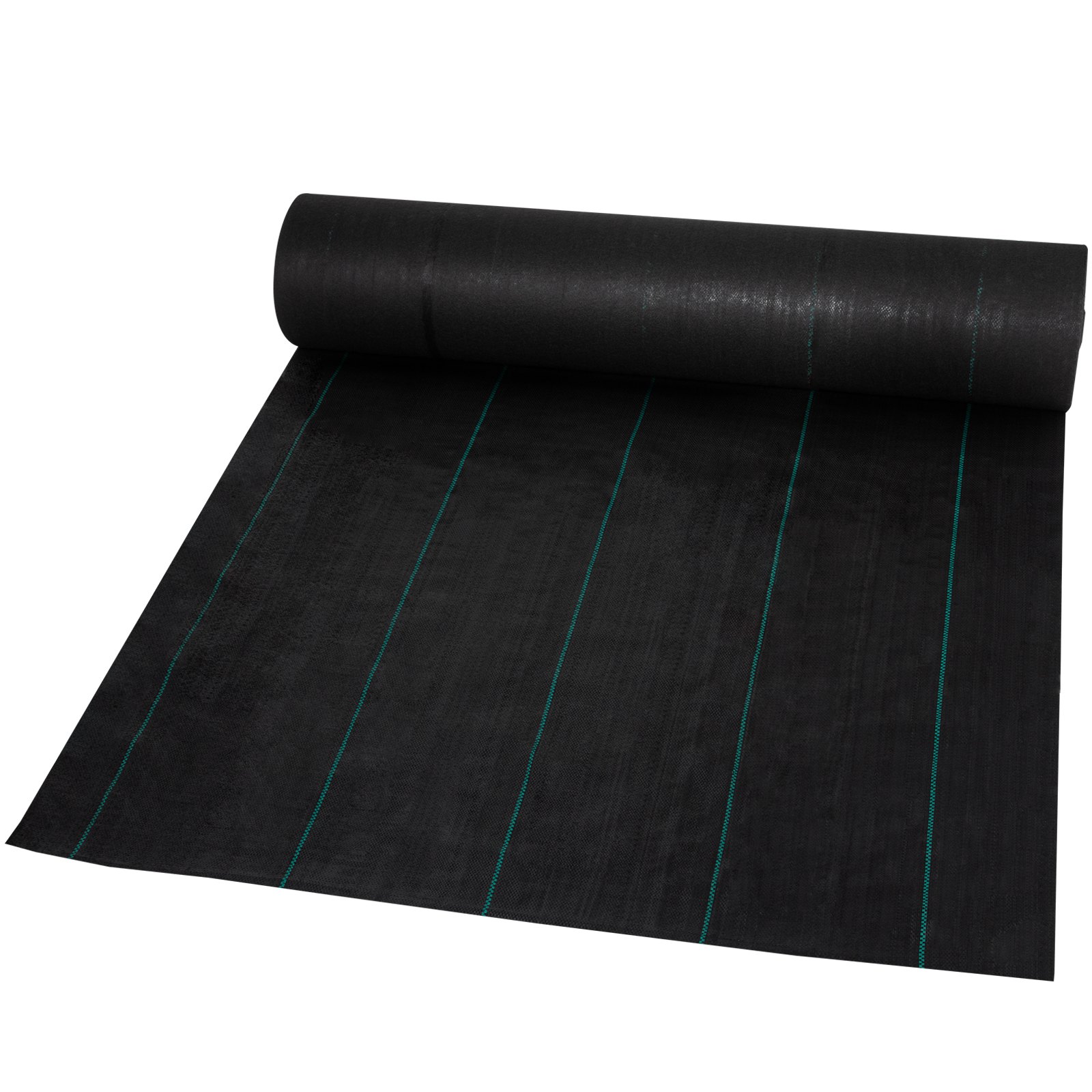 Rollo de tela protectora contra malas hierbas para jardín VEVOR de color negro con líneas de guía verdes.