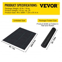 Barrera de malezas VEVOR, tela de paisaje de 5.8 oz, alfombrilla de cubierta de 4 pies x 300 pies Geotextil de control de césped tejido resistente para jardín, patio, negro