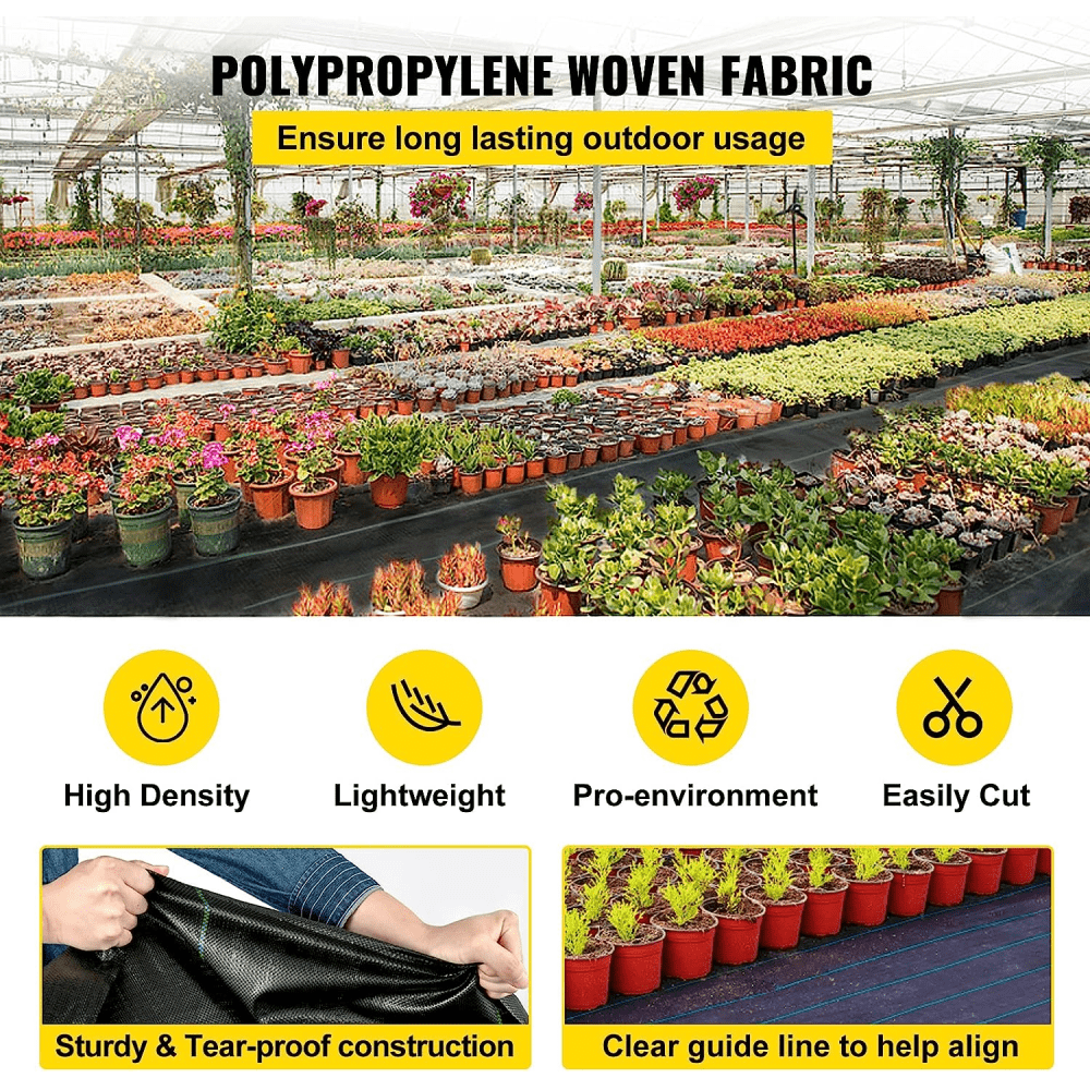 Beneficios destacados de la tela protectora contra malezas VEVOR en un vivero de plantas con tejido de polipropileno.