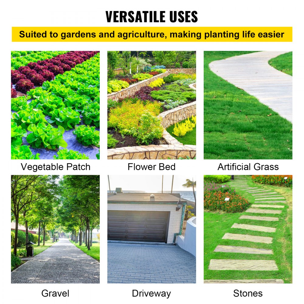 Usos versátiles de la tela protectora contra malas hierbas VEVOR: huerto, parterre de flores, césped artificial, grava, camino de entrada, piedras.