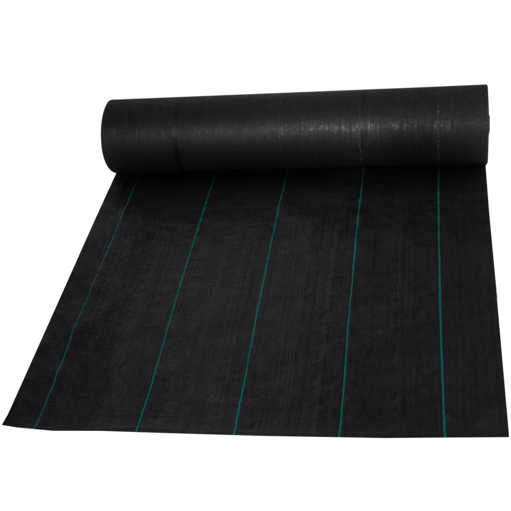 Rollo de tela protectora contra malezas VEVOR con líneas de guía verdes sobre material negro.