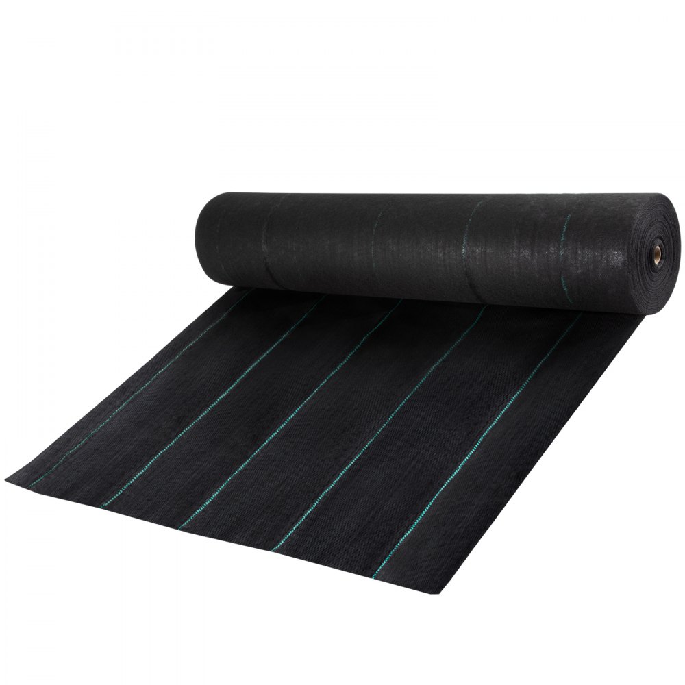 Rollo negro de tela protectora contra malezas VEVOR con líneas verdes para un control eficaz de malezas en jardines y paisajes.