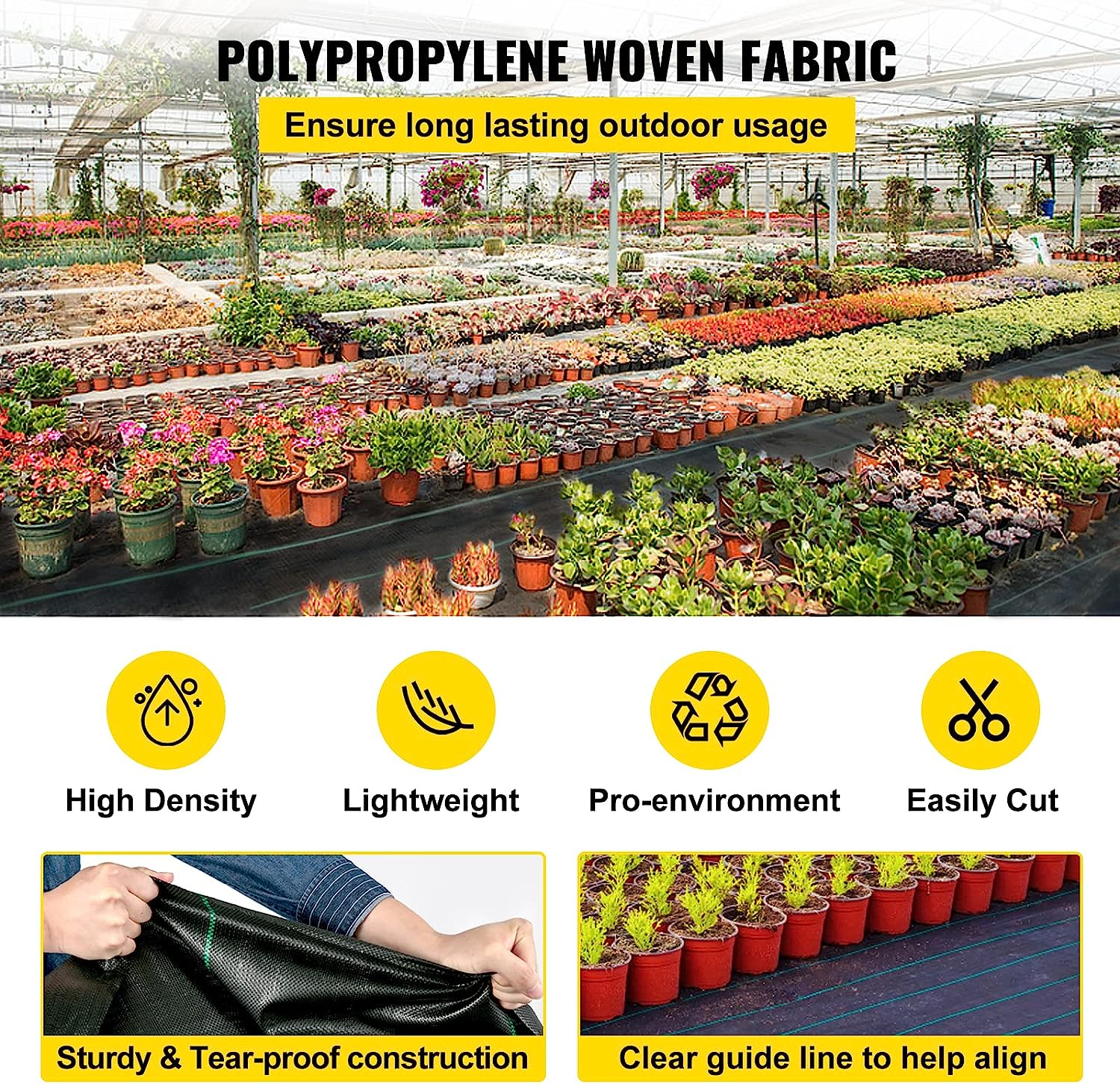 Beneficios destacados de la tela protectora contra malezas VEVOR en un vivero de plantas con tejido de polipropileno.