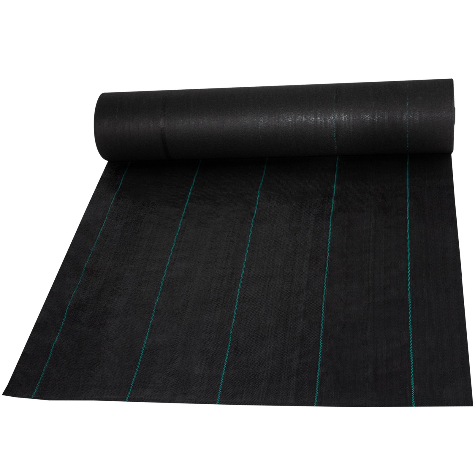 Rollo de tela protectora contra malezas VEVOR con líneas de guía verdes sobre material negro.
