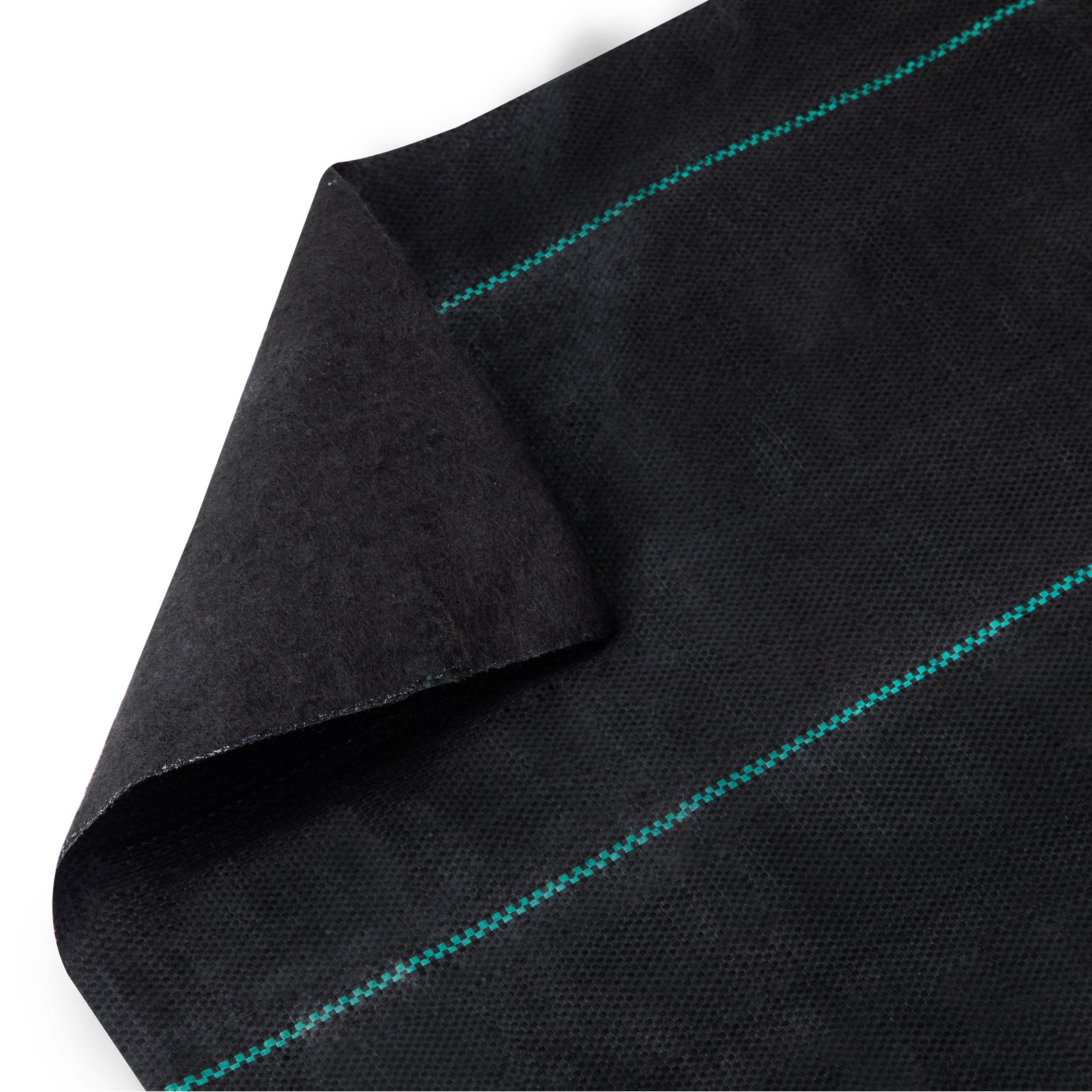 Tela protectora contra malas hierbas VEVOR enrollada en color negro con línea guía verde.