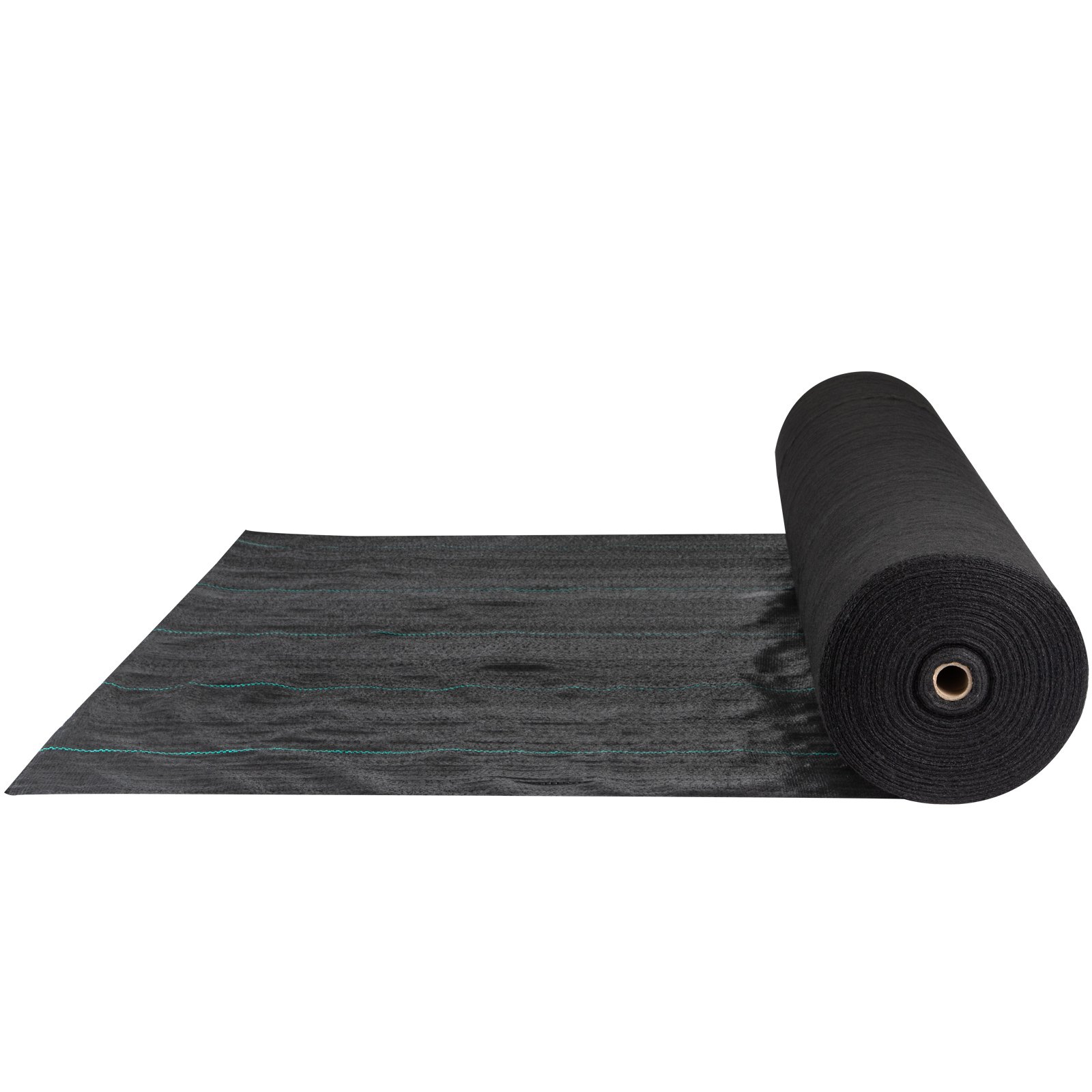 Rollo de tela protectora contra malezas VEVOR negra parcialmente desenrollada con líneas verdes.